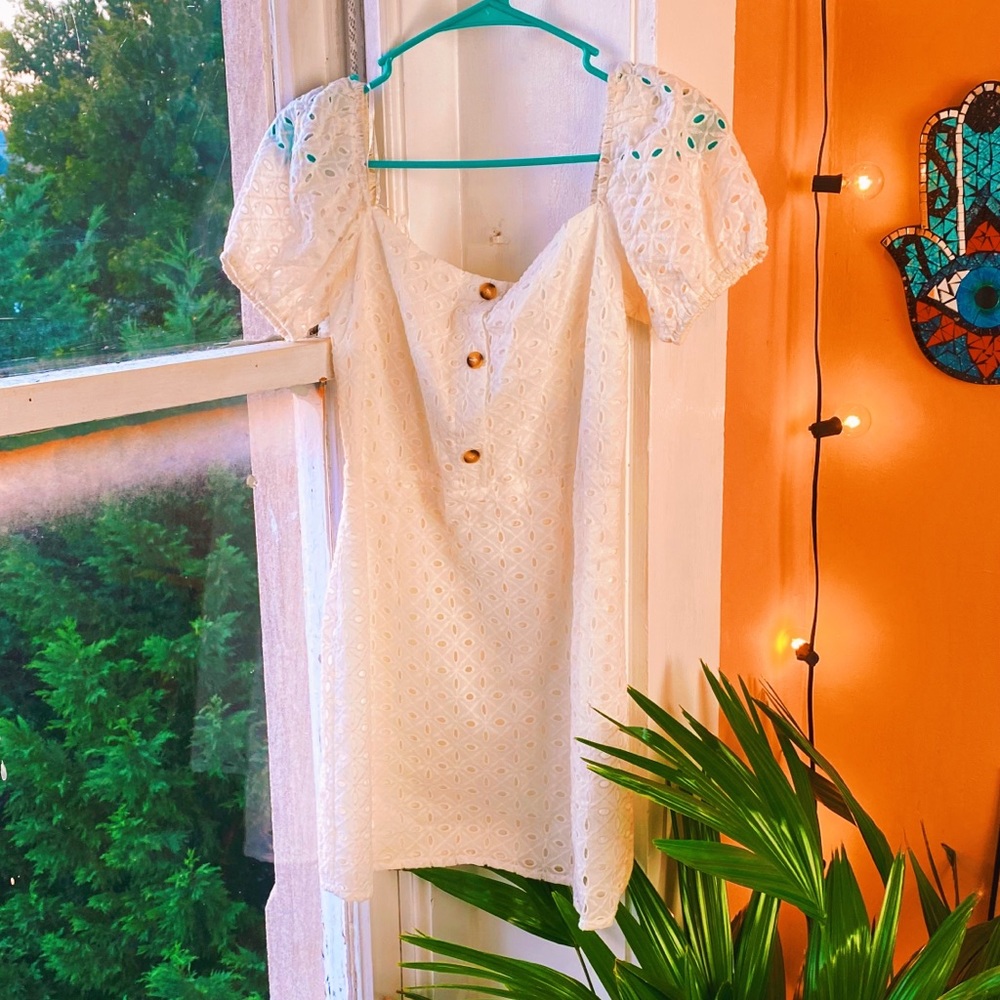 Blush Boutique White Crochet Lasercut Peasant Sleeved Fitted Dress ๐ - Picture 3 of 7